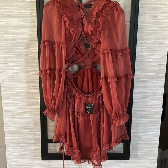 NWT Femi rust color ruffle open side mini dress long sleeves size M - Picture 4 of 6